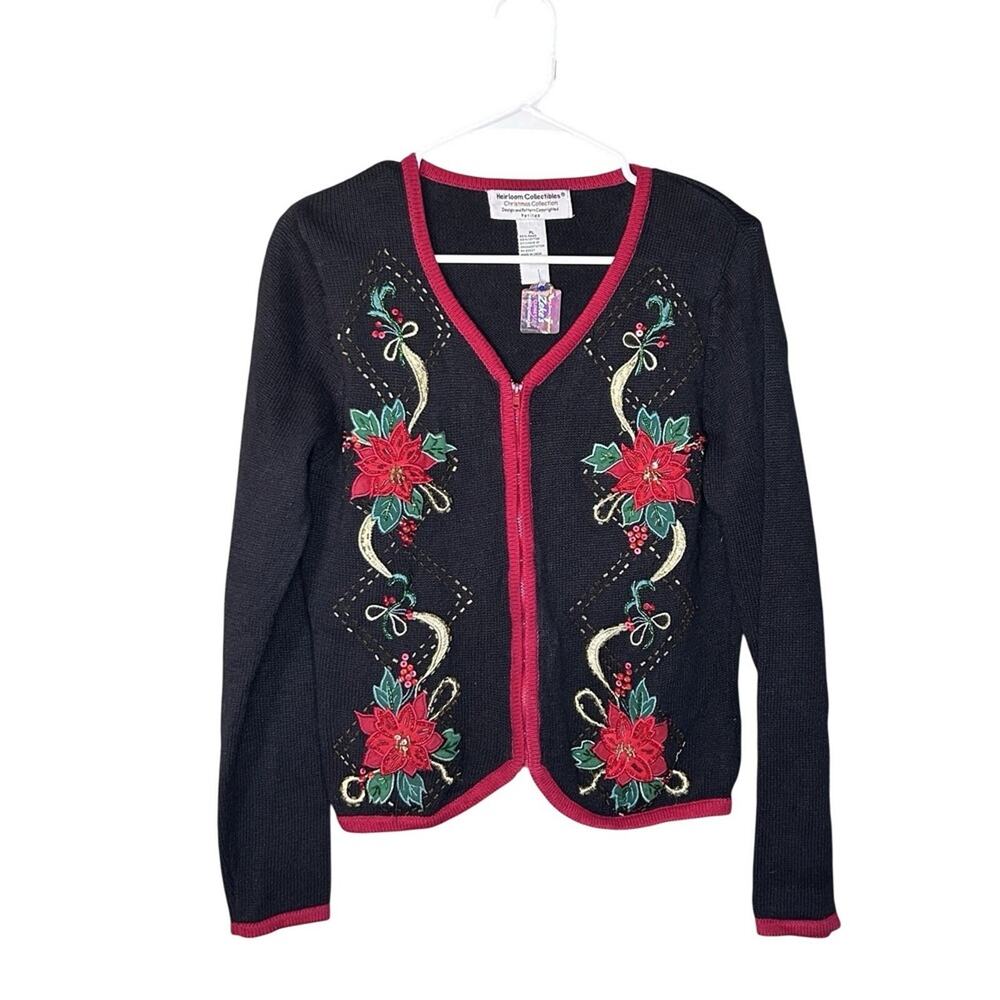 VINTAGE Heirloom Collectibles Christmas Sweater Womens M Knit Full Zip Acrylic